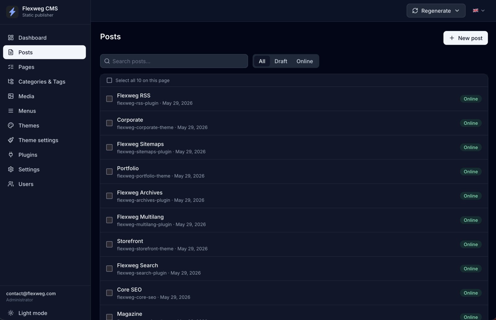 Interface admin de Flexweg CMS montrant la liste des posts
