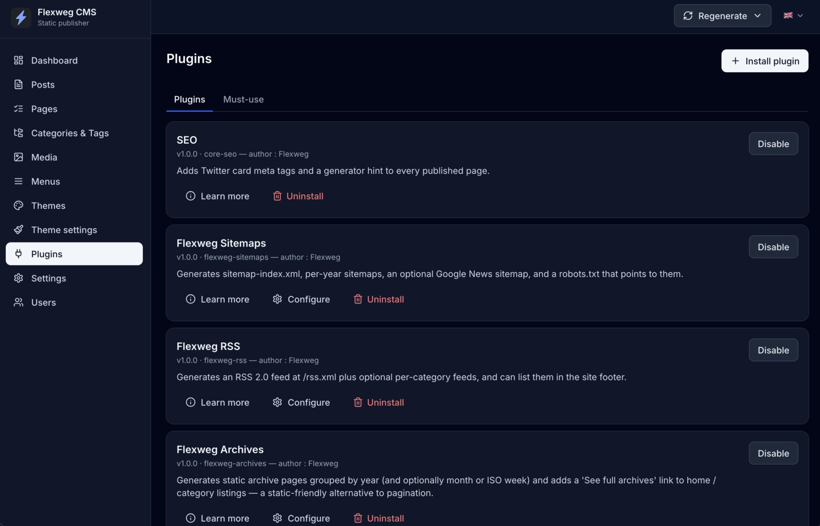 Page Plugins de l'admin Flexweg avec SEO, Sitemaps, RSS et Archives