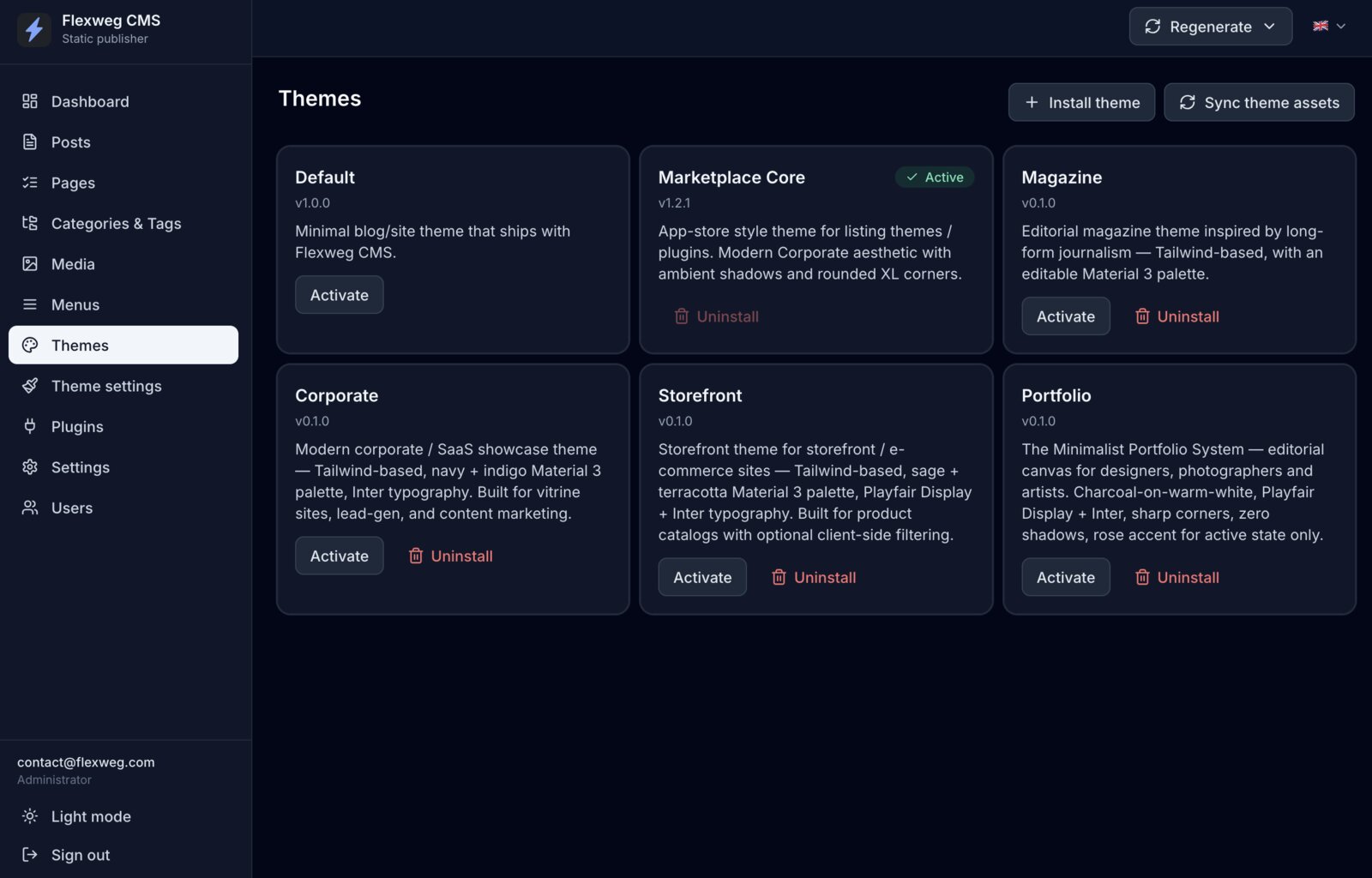 Page Themes de l'admin Flexweg avec six thèmes installables